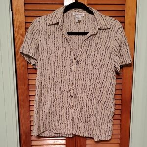 Patterned Beige and Black Button-Up Blouse